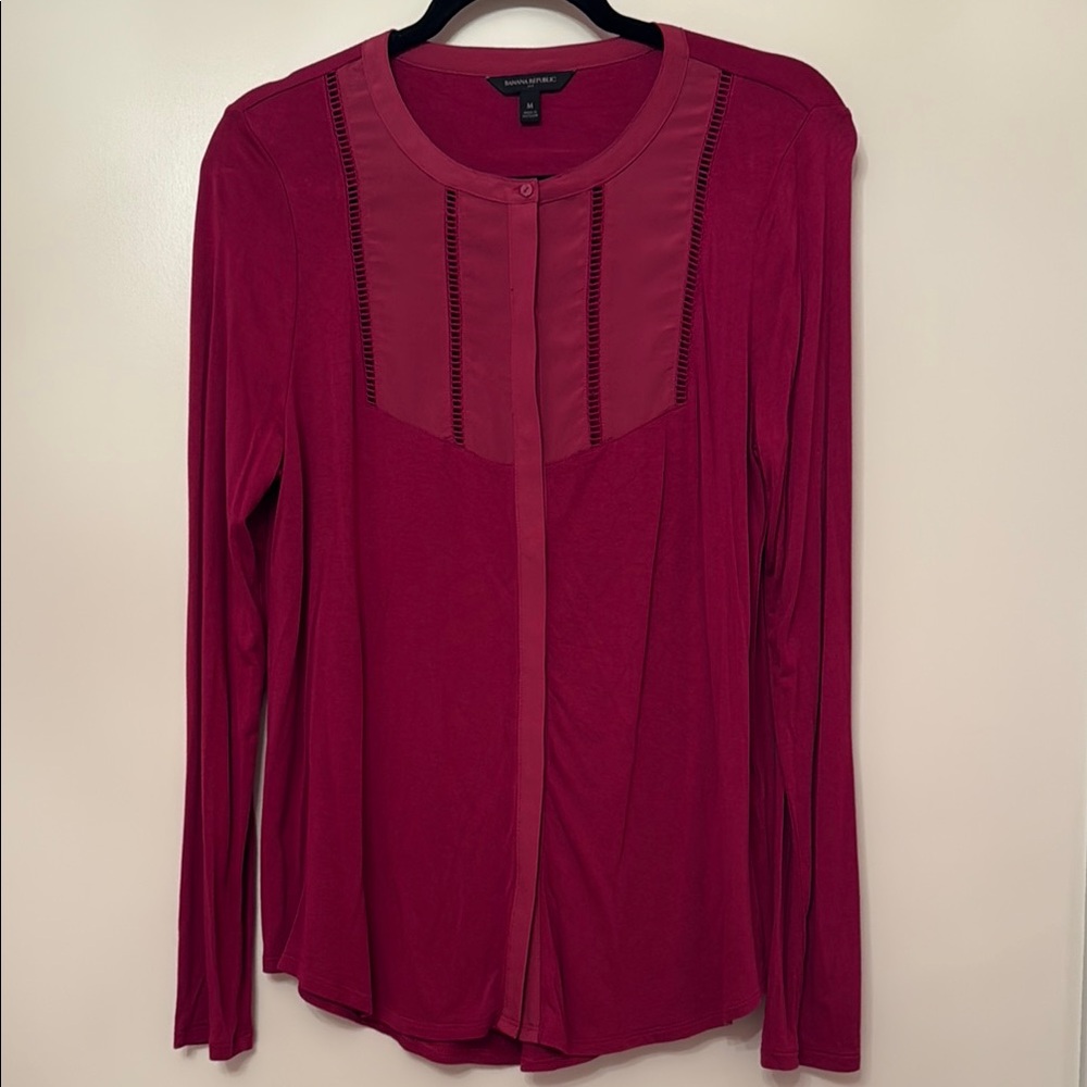 Banana Republic Wine Colored Long Sleeve Pleated Bib Collar Top